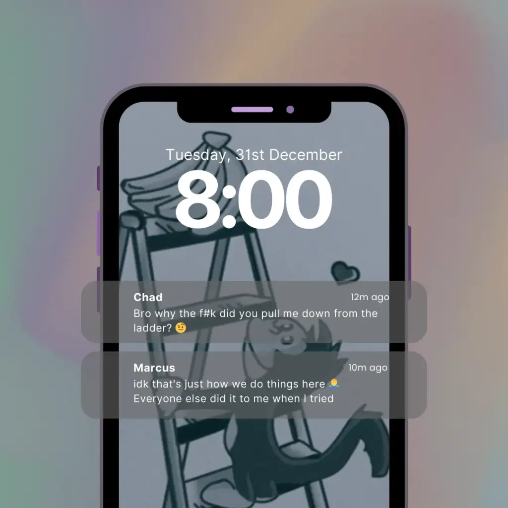 Phone notifications show one worker asking why he was pulled down from a ladder and another replying, “That’s just how we do things here.”