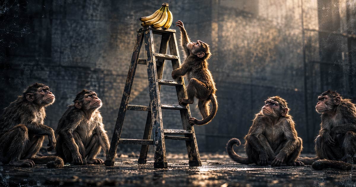 Five monkeys around a ladder, with one climbing toward a bunch of bananas.