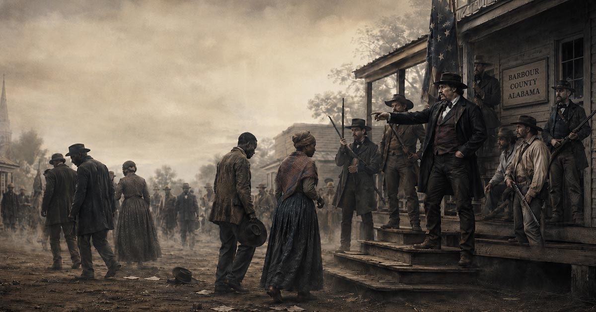 Armed men confront voters in a historical illustration of 1874 election violence in Barbour County.