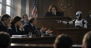 Humanoid AI robot pointing toward company representatives while testifying from the witness stand in a courtroom.