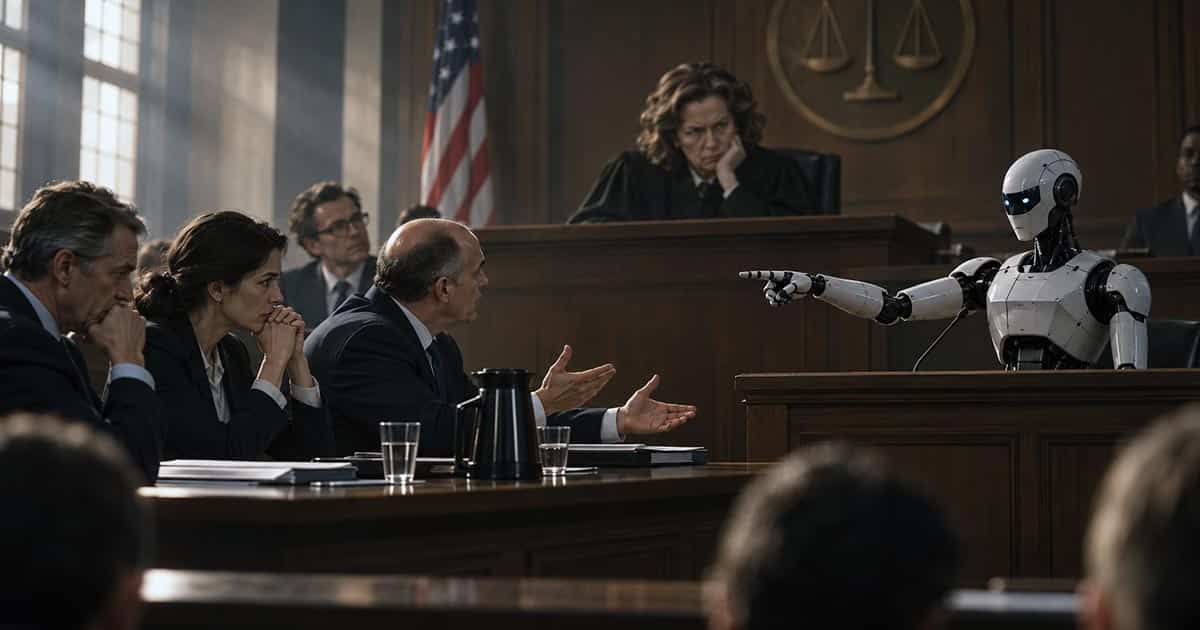 Humanoid AI robot pointing toward company representatives while testifying from the witness stand in a courtroom.