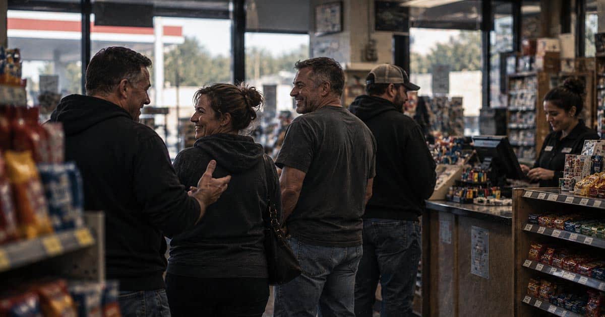 Customers standing in line at the counter inside a convenience store.