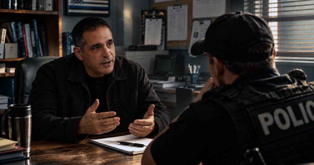 Police sergeant explaining a decision to another officer across a desk.