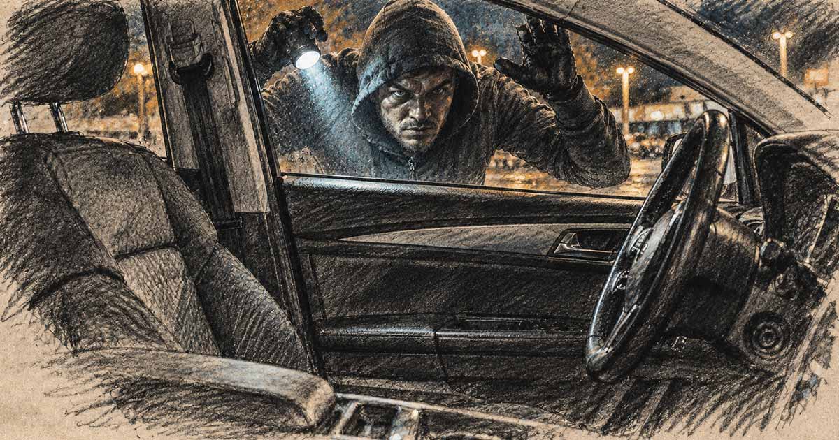 Hooded man shining a flashlight through the window of a parked vehicle at night.
