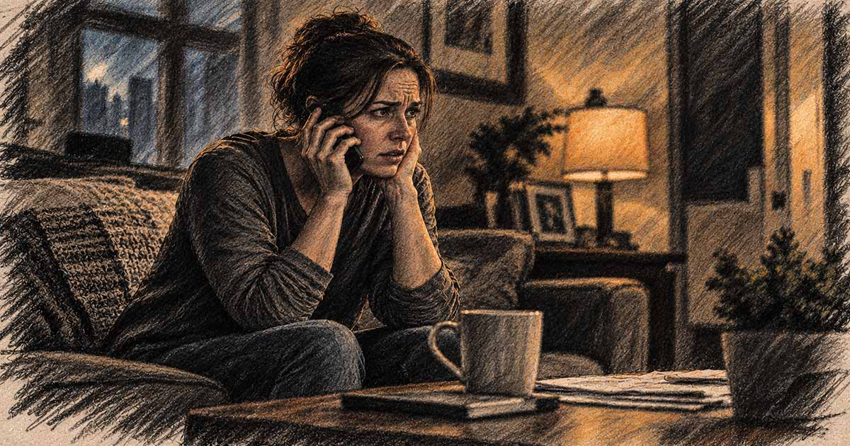 Worried woman speaking on a phone while sitting on a couch at home.