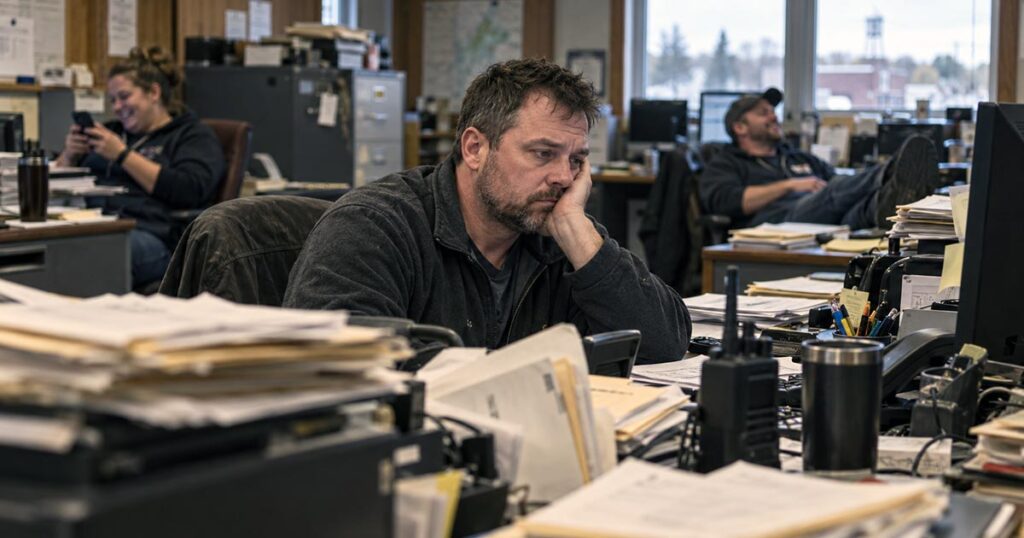 Tired employee resting his head on one hand at a cluttered desk while two coworkers relax in the background.