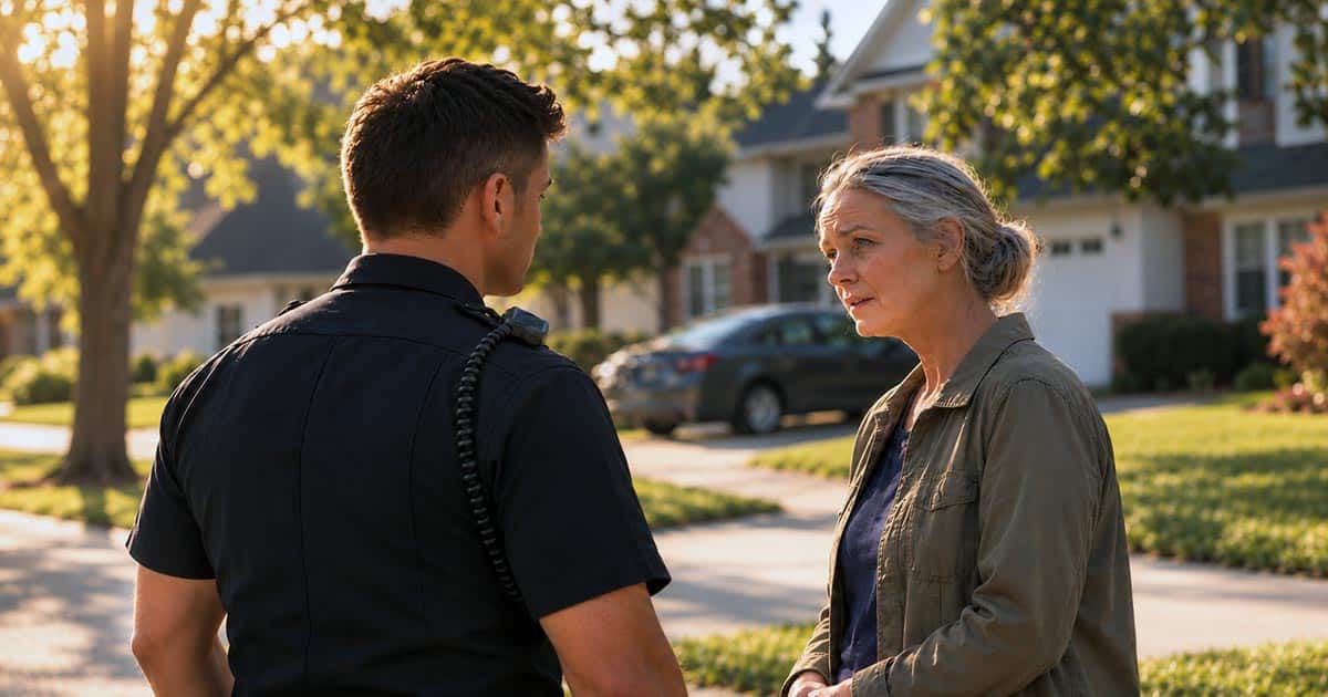 Police officer speaking with an older woman outside a home in a residential neighborhood.