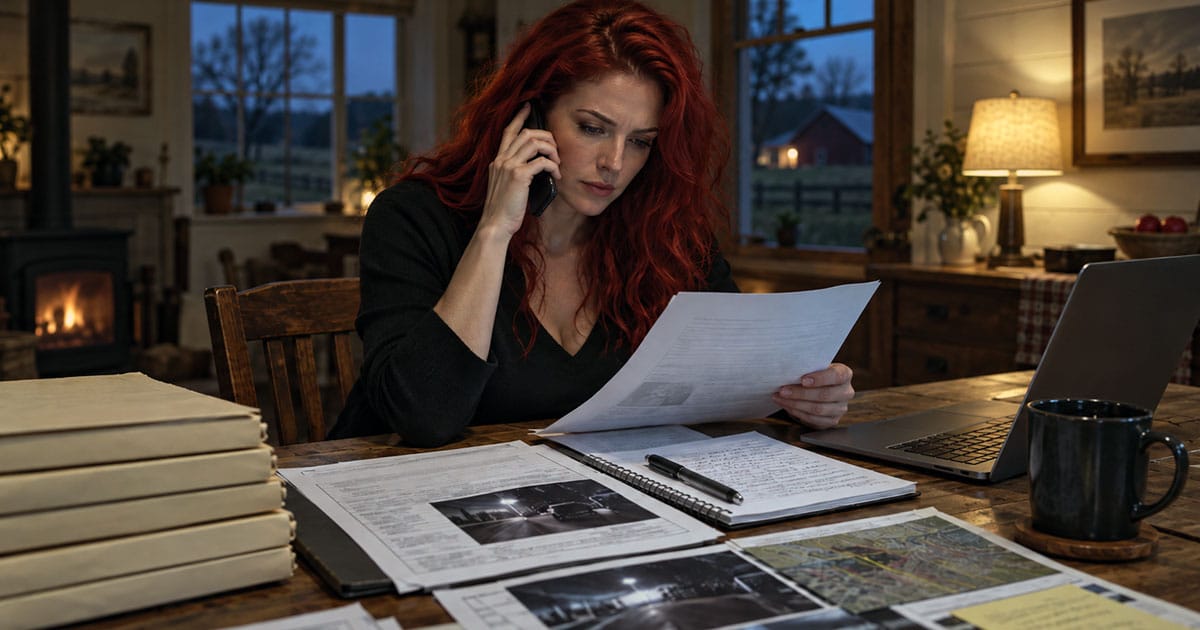 A woman speaks on the phone while reviewing documents related to a police report.