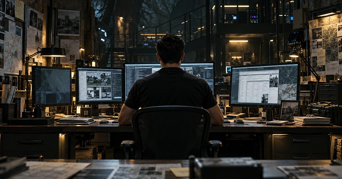 A police officer in a black polo reviews case documents and photographs at a desk