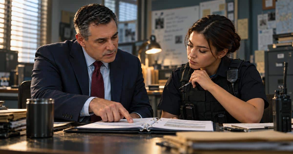 Supervisor reviewing a policy binder with a police officer at a desk.