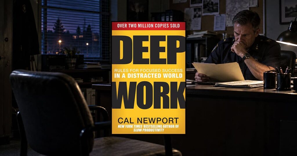 Police supervisor working at a desk at night