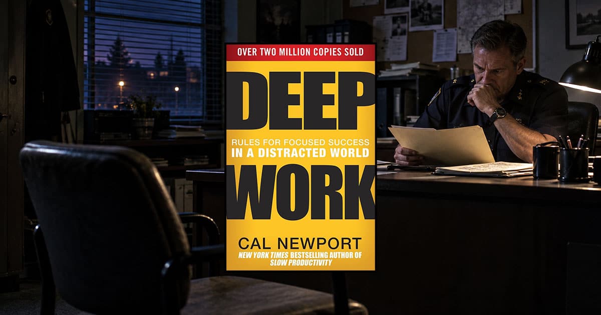 Police supervisor working at a desk at night
