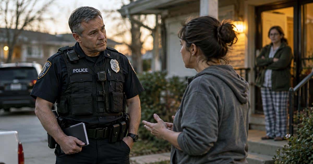 Experienced police officer listens to a woman outside a home while another woman watches from the doorway.