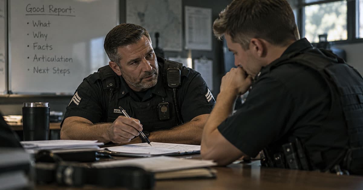 Police sergeant reviewing a report with another officer during a one-on-one coaching conversation.