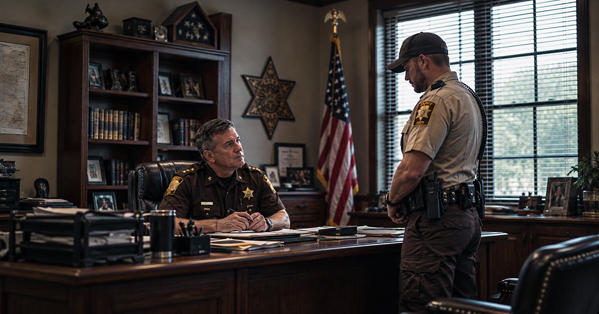 Sheriff in a dark brown uniform seated behind his desk, speaking with a deputy in a tan uniform standing across from him.