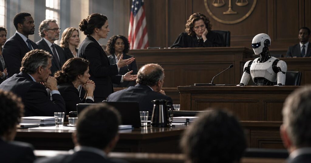 White humanoid robot seated at a courtroom witness stand as an attorney addresses it before a judge and a group of people.