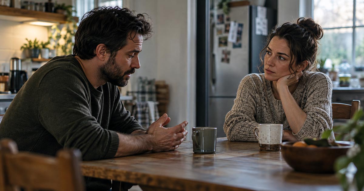 A man speaks earnestly with a woman across a kitchen table as she listens with a guarded expression.