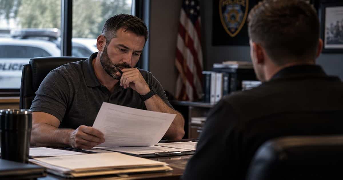 Police chief reviewing an applicant's paperwork during a hiring interview inside a police department office.