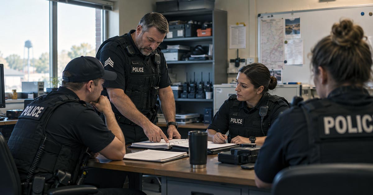 Police supervisor reviewing paperwork with three officers gathered around a table in a department office.