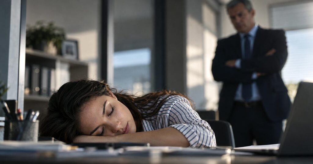 Employee sleeping at a desk while a manager stands behind her