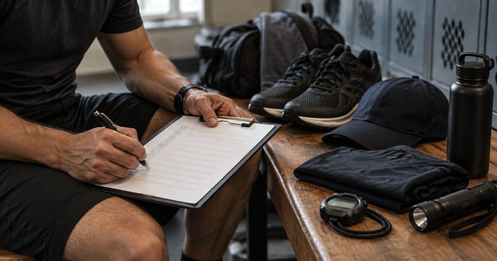 Man reviewing a preparation checklist in a locker room with athletic shoes, clothing, and training equipment nearby.