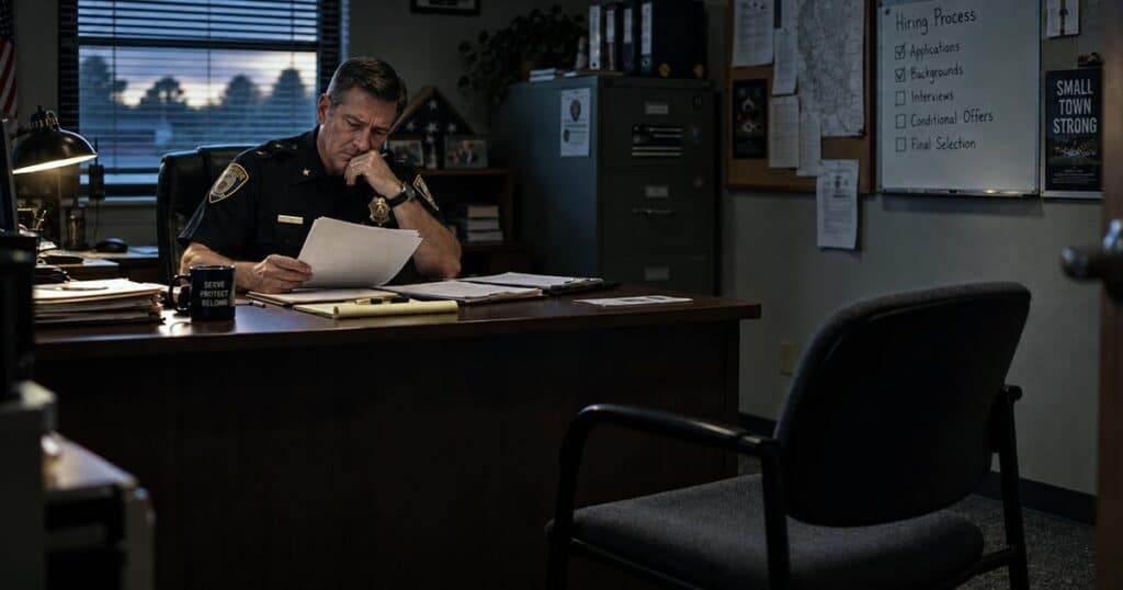 Police chief reviews job applications at his desk with an empty interview chair across from him.