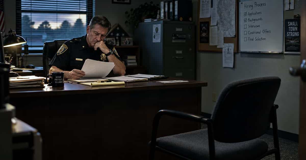 Police chief reviews job applications at his desk with an empty interview chair across from him.