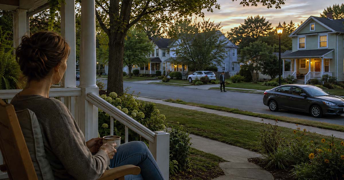 Woman sitting on a front porch watching a person and vehicle on a residential street.