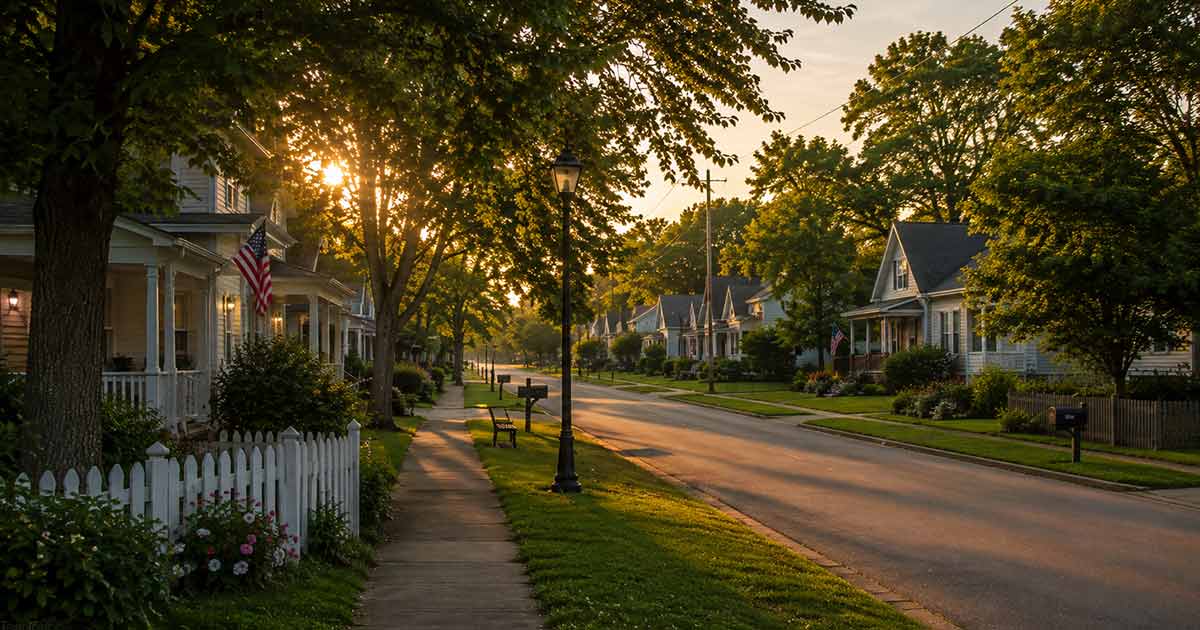 Quiet small-town residential street lined with homes, porches, trees, and American flags in the evening light.