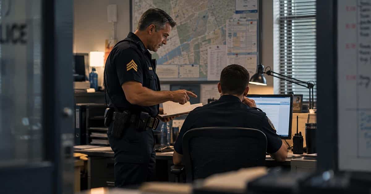 Police supervisor discussing an assignment with an officer before giving them responsibility for the work.