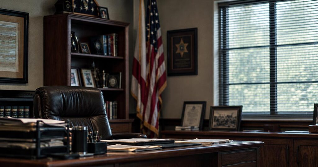 Empty leather chair behind a wooden sheriff's desk, with an American flag, framed photographs, and office furnishings in the background.