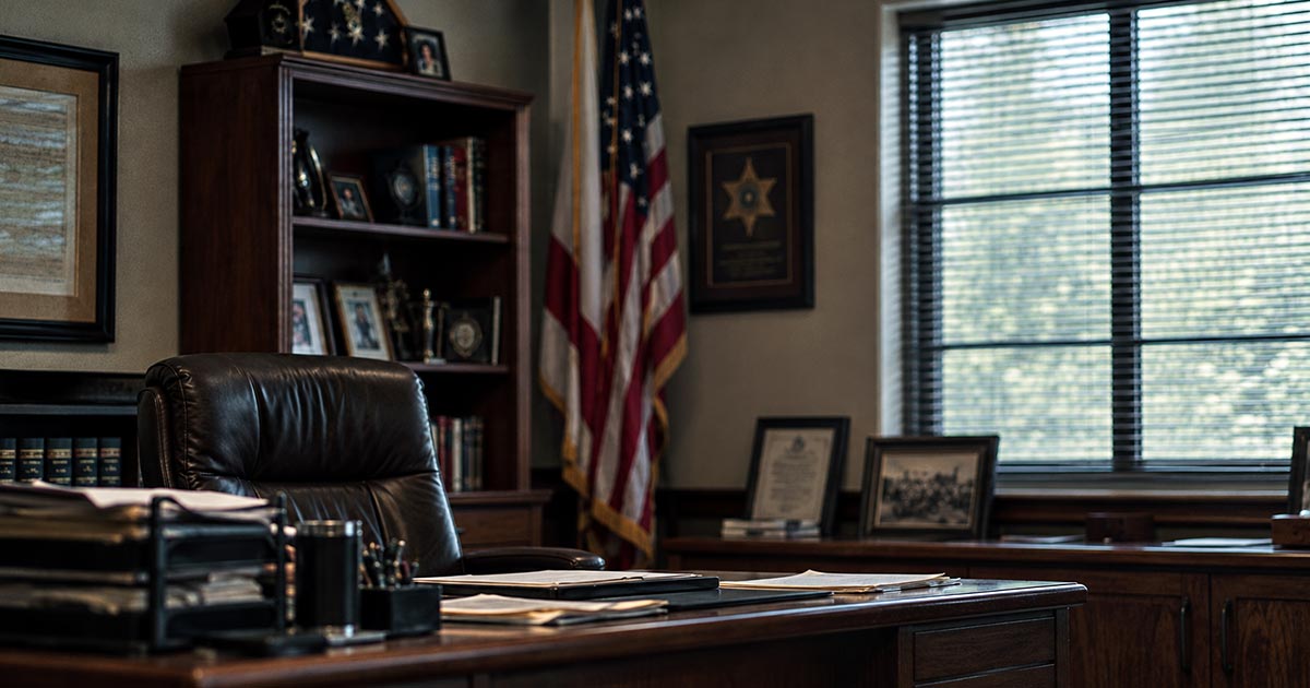 Empty leather chair behind a wooden sheriff's desk, with an American flag, framed photographs, and office furnishings in the background.