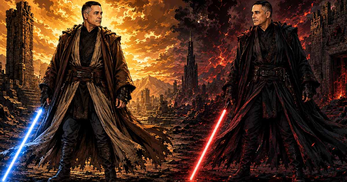 Illustrated light and dark space-fantasy leaders facing each other with blue and red glowing swords.