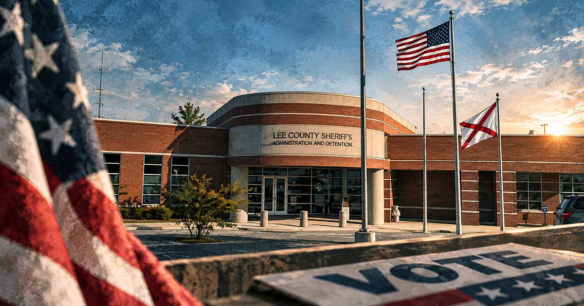 Editorial illustration of the Lee County Sheriff's Office building with American and Alabama flags outside the entrance.