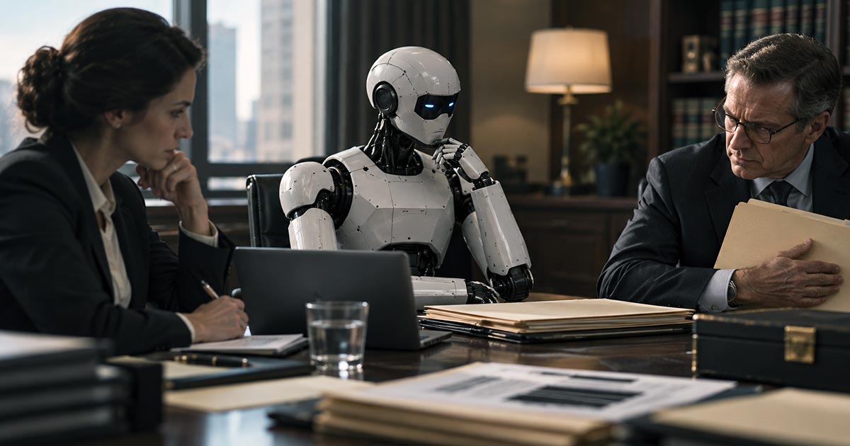 Humanoid robot seated between two business professionals at a conference table, with one man holding a folder of documents.