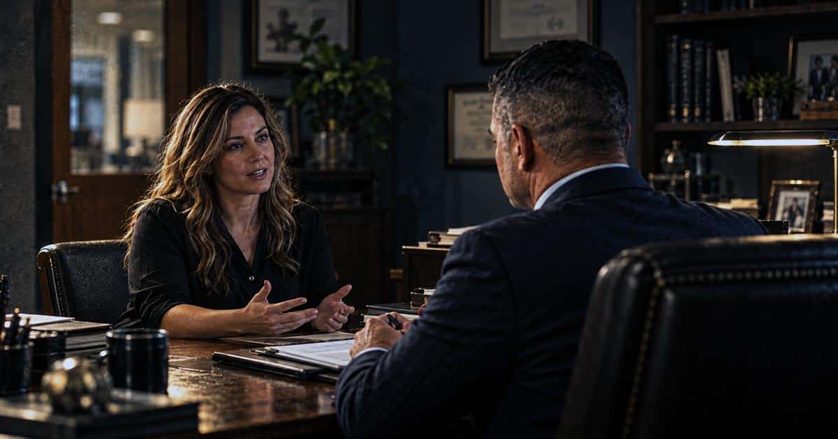 Woman explaining an issue to a man seated across an office desk.