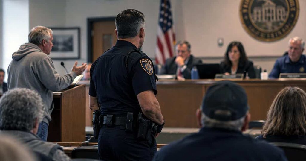 Resident questions local officials during a public meeting while a police representative listens nearby.