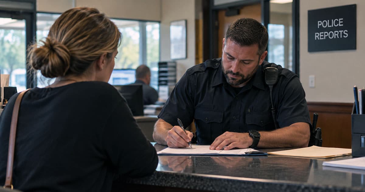 Police officer taking a report from a woman at the front counter of a police station.