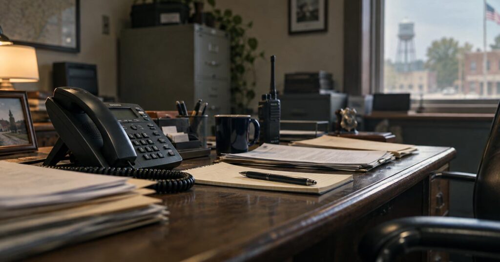 Desk phone and routine paperwork on a small-town police chief’s desk inside an office.