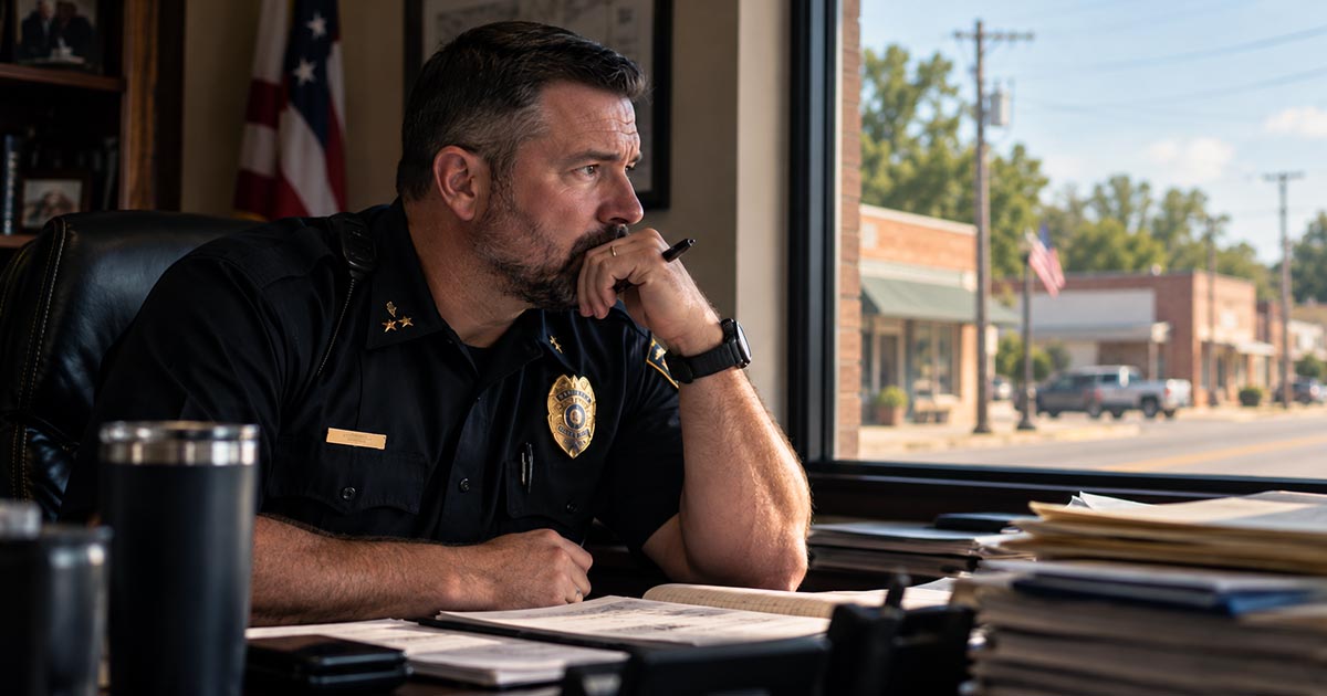 Police chief sitting at his desk, looking out a window toward a small-town main street.