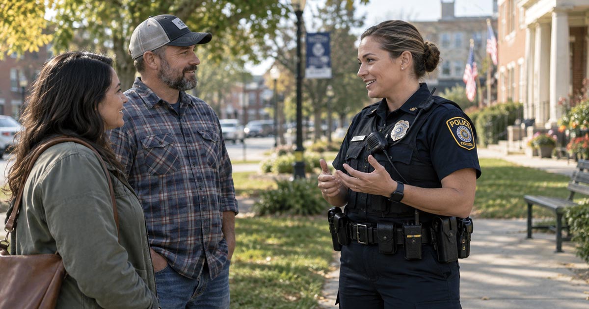 Female police officer speaking with two community members in a small-town public square.