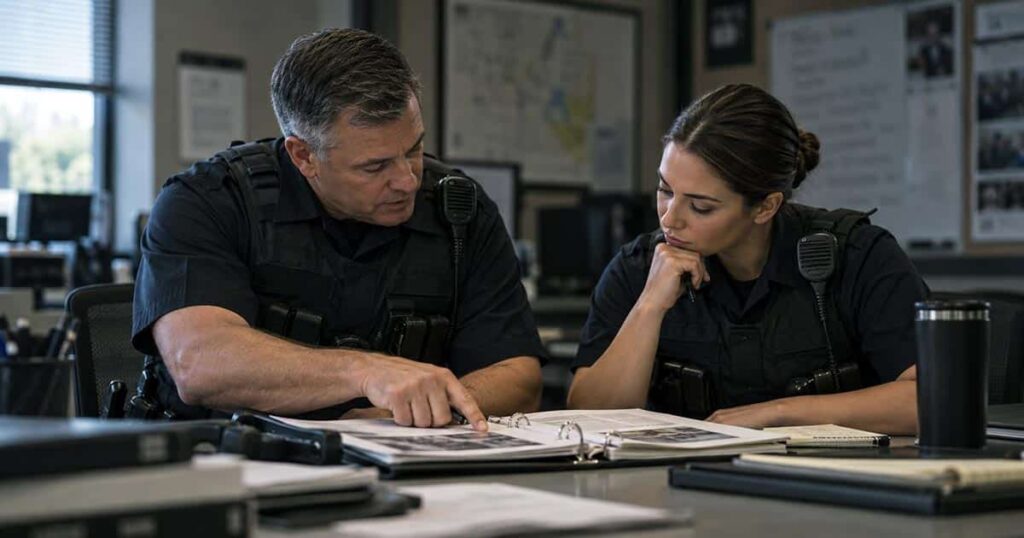 Experienced police supervisor and younger officer reviewing a briefing manual together.