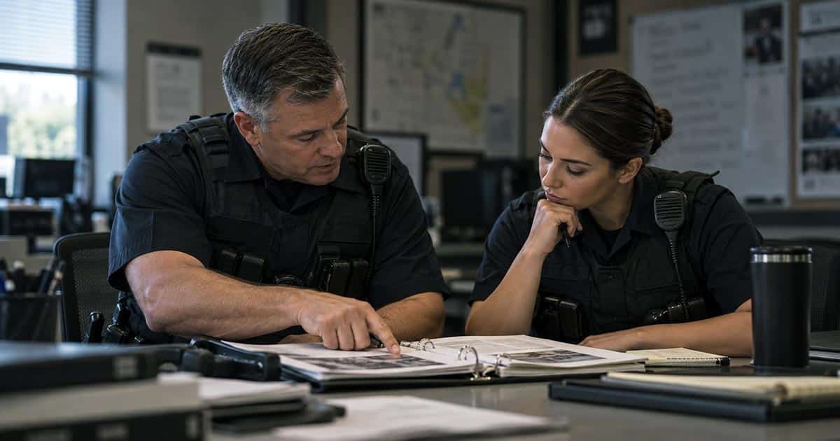 Experienced police supervisor and younger officer reviewing a briefing manual together.