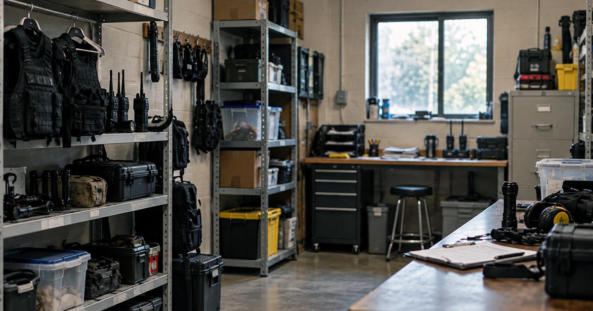 Small police equipment room containing body armor, radios, flashlights, protective cases, and other gear arranged on metal shelves.