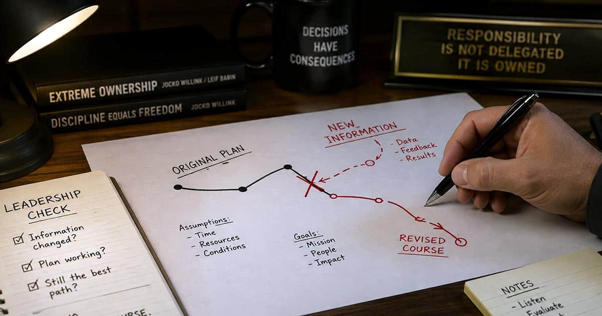 A leader reviewing a plan and changing direction based on new information.