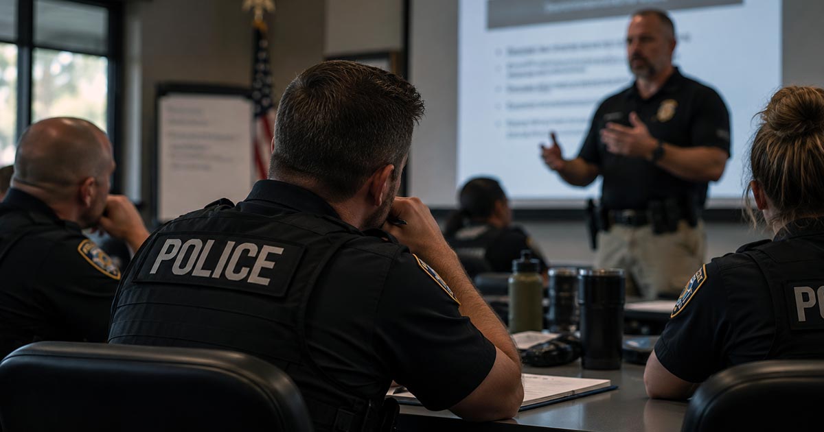 Police officers attending a classroom training session while an instructor presents material at the front of the room.
