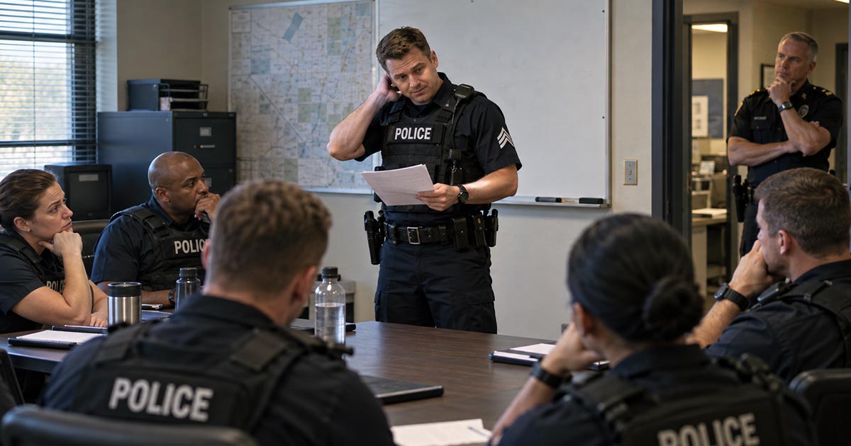 A nervous police sergeant leads a briefing while officers watch and a senior command officer observes from the doorway.