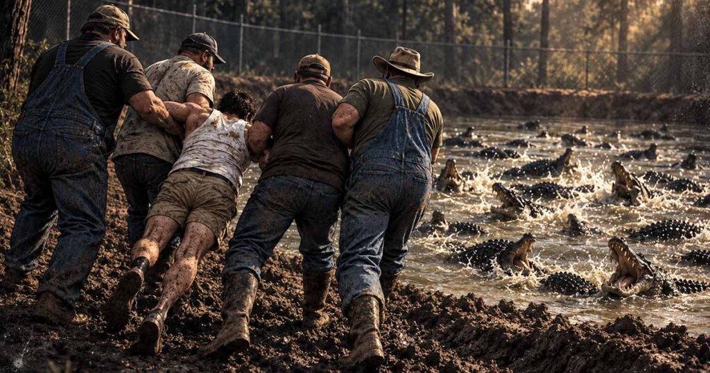 Three men drag a man toward a muddy alligator pond in an illustration of local folklore.