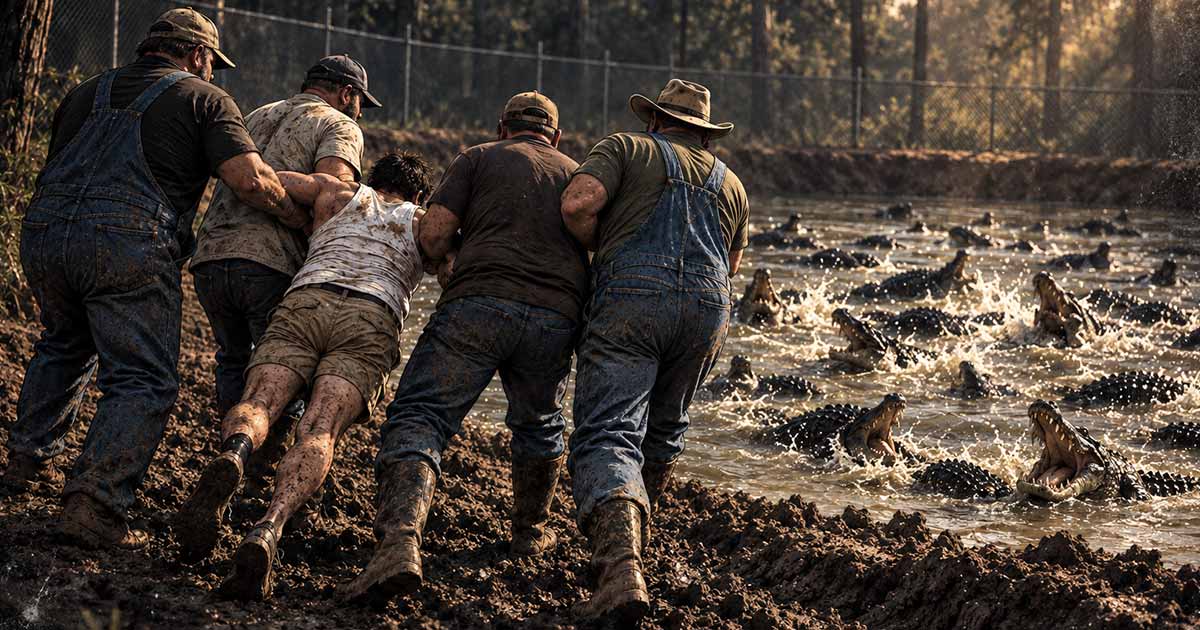Three men drag a man toward a muddy alligator pond in an illustration of local folklore.