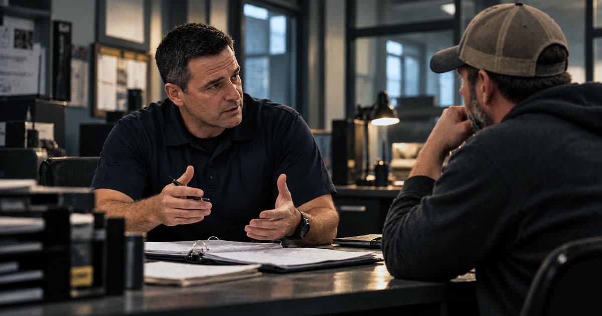 Two men discussing paperwork across a desk in a workplace.